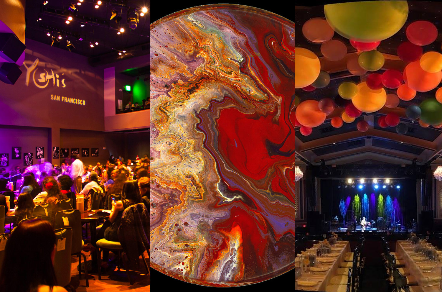 Collage showing Yoshi's, Mickey Hart's art, and the UC Theatre Collage showing Yoshi's, Mickey Hart's art, and the UC Theatre